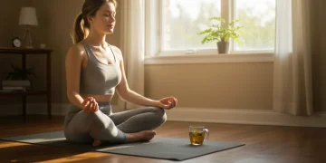 Woman meditating in a peaceful, sunlit room, practicing mindful morning intention