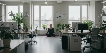 Person meditating at a calm desk in a modern office, surrounded by plants