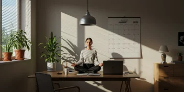 Person meditating at desk before starting work, symbolizing mindful productivity in January 2025