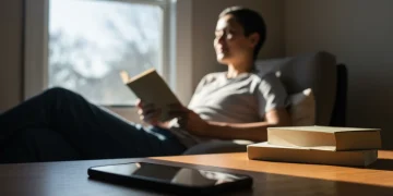 Woman reading a book, phone face down, promoting mindful living