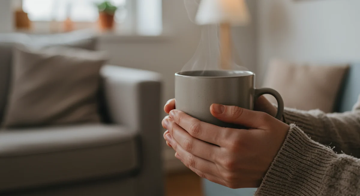 Hands holding a warm tea mug, symbolizing a mindful break and moment of reflection.