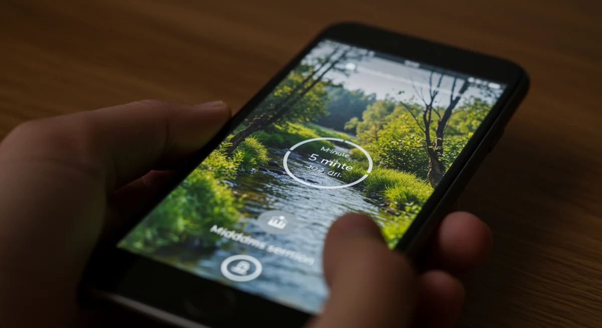 Smartphone displaying a 5-minute mindfulness app with a tranquil nature background