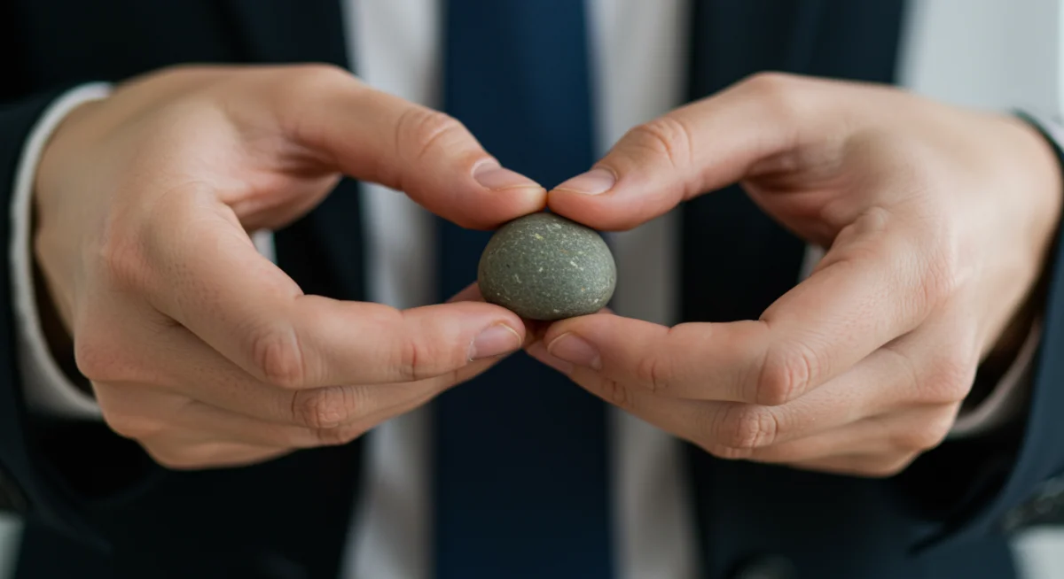 Hands performing a mindfulness exercise with a stress ball at work