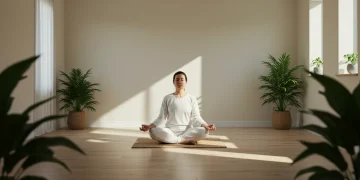 Serene individual practicing mindfulness meditation in a peaceful, sunlit room, symbolizing stress relief.