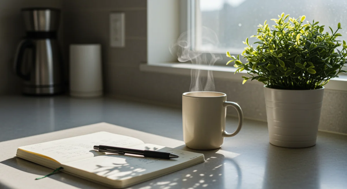 Journal and coffee on a kitchen counter for morning reflection