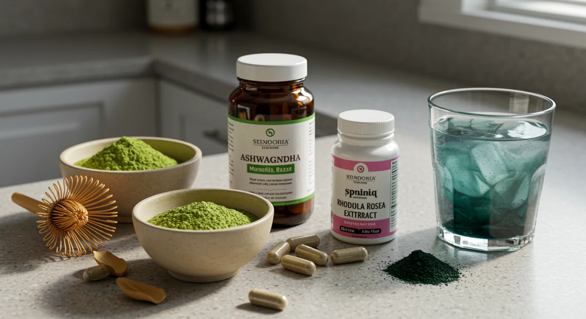 Assortment of natural energy boosters like matcha, ashwagandha, rhodiola, and spirulina on a kitchen counter.