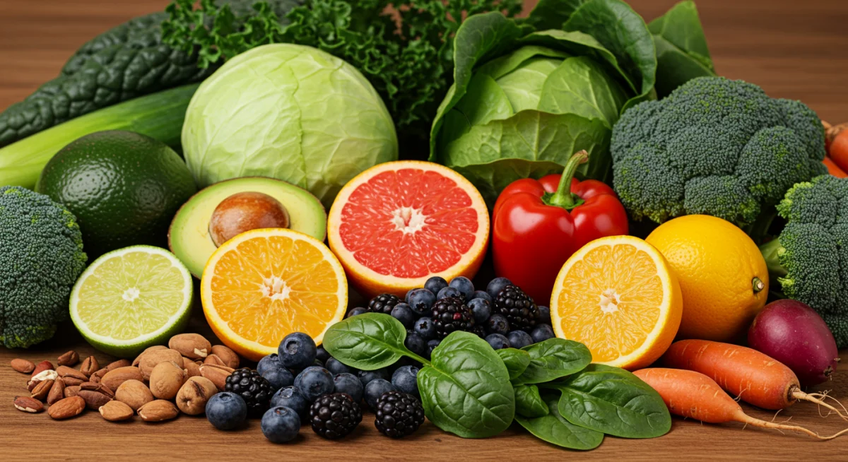 Assortment of fresh organic produce for immune-boosting diet.