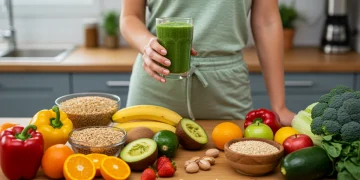 Woman holding green smoothie, surrounded by fresh produce, symbolizing optimal nutrient intake.