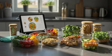 Organized meal prep containers with healthy food on a modern kitchen counter at dawn