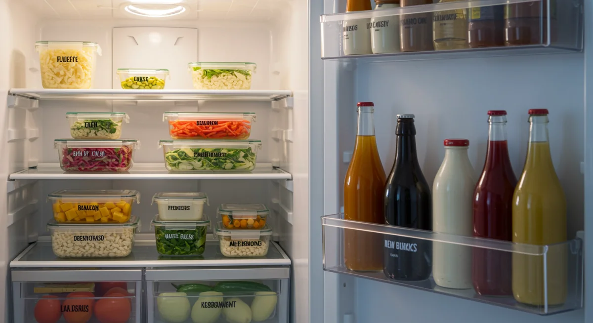 Organized refrigerator with labeled containers for efficient food storage