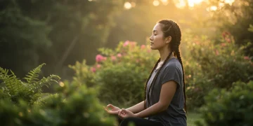 Person meditating peacefully in nature at sunrise, embodying inner peace and mindfulness.
