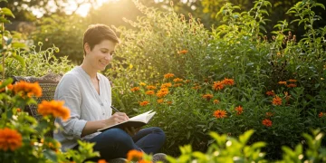 Person journaling in a sunlit garden, practicing daily gratitude
