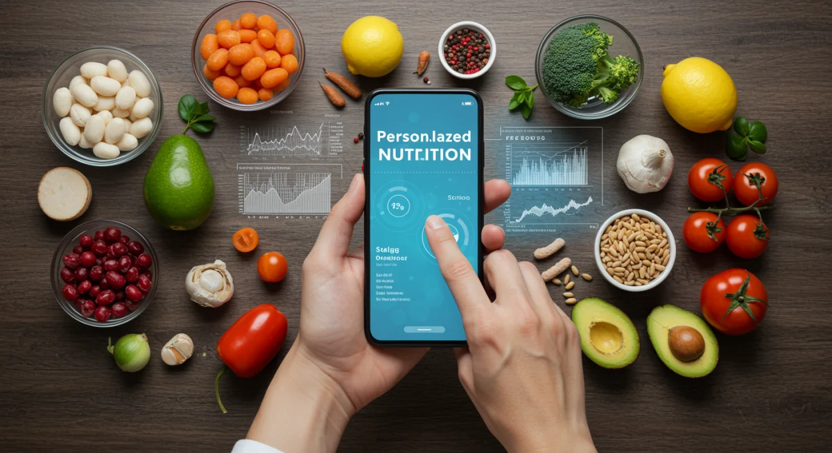 Person using a personalized nutrition app on a smartphone surrounded by healthy foods