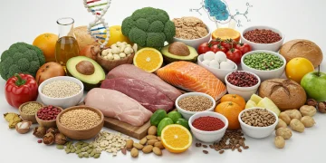 Diverse healthy foods with DNA helix and microbiome illustrations for personalized nutrition