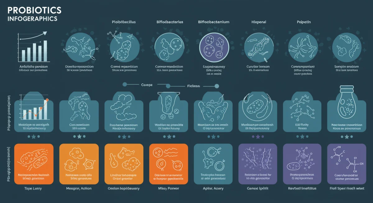 Infographic detailing various probiotic strains and their specific health benefits, highlighting scientific evidence.