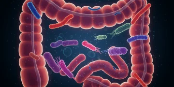 Illustration of diverse probiotic bacteria in a healthy gut microbiome, symbolizing advanced gut health supplements in 2025.