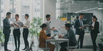 Professionals collaborating in a modern office, embodying future success mindset