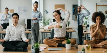 Professionals practicing 10-minute stress management routines in a modern office