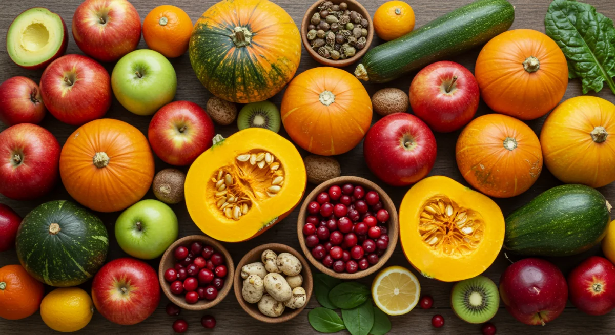 Colorful seasonal autumn fruits and vegetables for a healthy detox