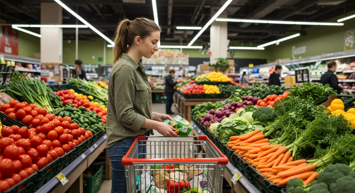 Person choosing fresh vegetables in a grocery store