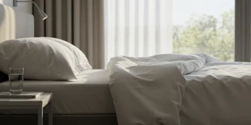 Serene bedroom with soft light, promoting restful sleep for U.S. adults.