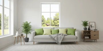 Serene minimalist living room with natural light and plants, symbolizing a mindful home.