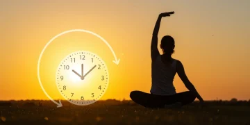 Person performing a quick morning stretch with sunrise, symbolizing a 10-minute routine for a productive day.