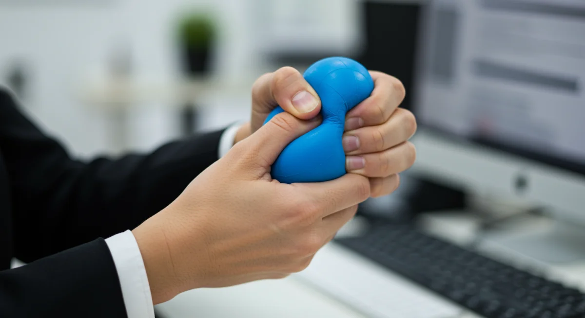 Professional squeezing a stress ball during a brief workplace break