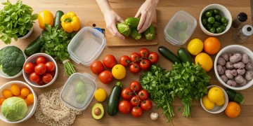 Colorful fresh produce arranged on a kitchen counter for sustainable meal preparation