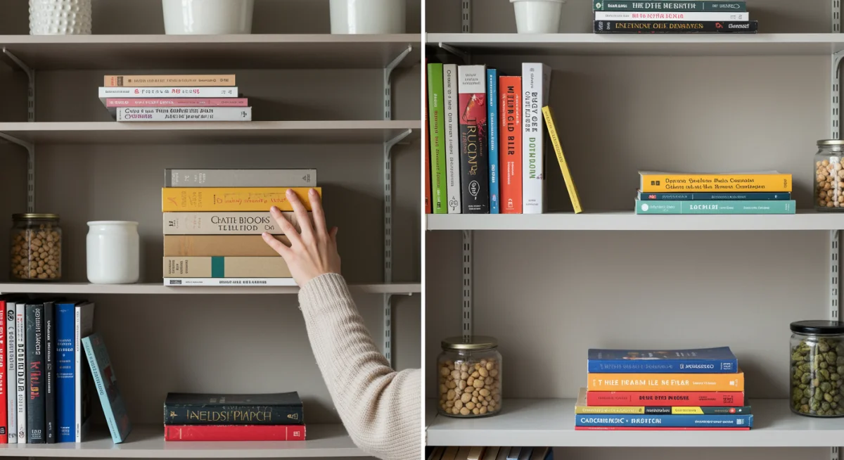 Person organizing a bookshelf, demonstrating thoughtful decluttering and intentional arrangement.
