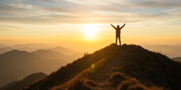Person triumphantly reaching a mountain peak at sunrise, symbolizing successful goal achievement.