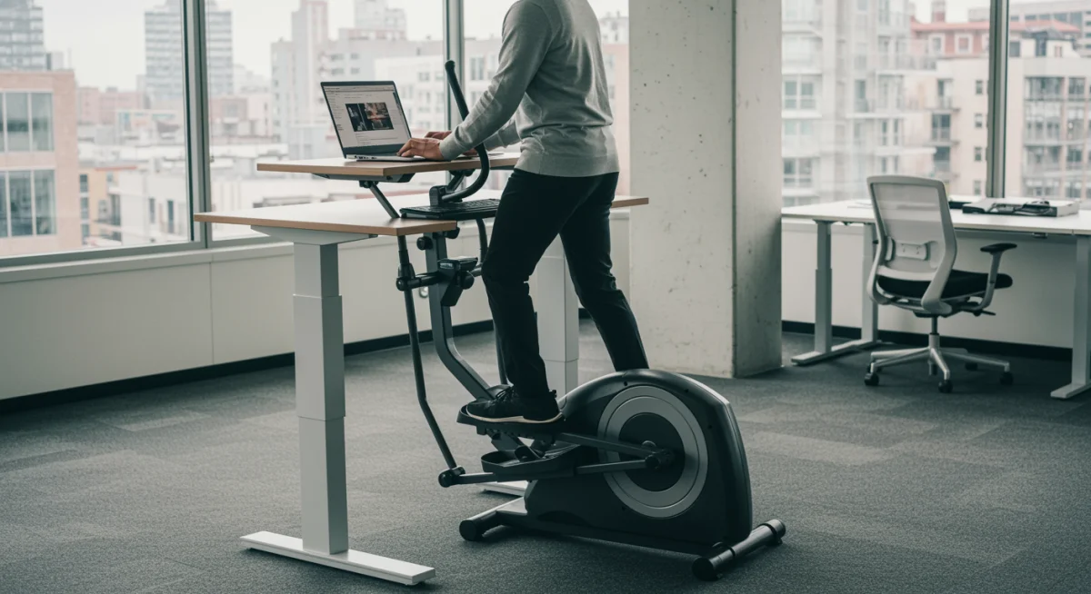 Person using an under-desk elliptical while working at a standing desk.