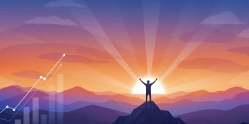 Person on mountain peak reaching for sun, symbolizing true potential unlocked