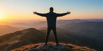 Person on mountain peak at sunrise, symbolizing unshakeable confidence and achievement.