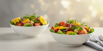 Colorful spring salad with fresh greens, berries, and nuts for detox