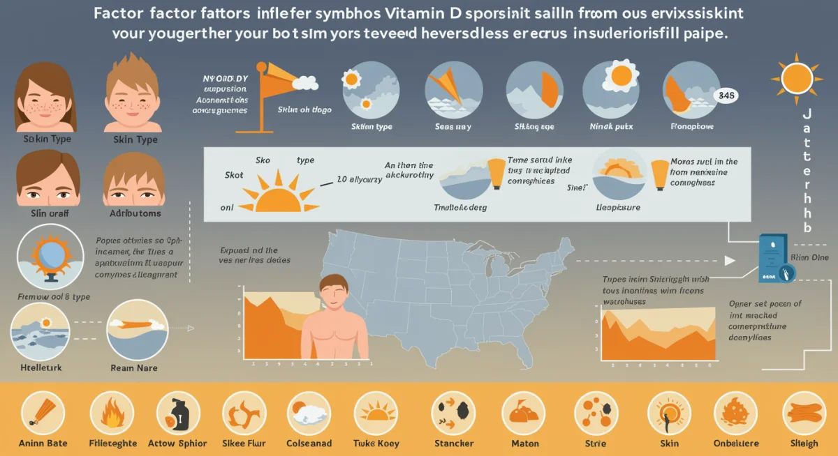 Infographic showing factors affecting vitamin D synthesis from sunlight in the U.S., including skin type and geography.