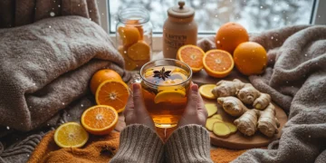 Cozy winter scene with herbal tea and immune-boosting ingredients for holistic health.