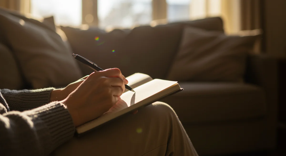 Hands writing in a journal during a calm, reflective moment