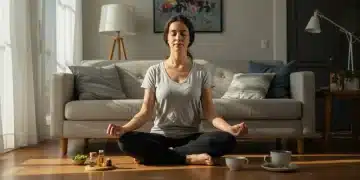 Woman meditating in modern living room with Ayurvedic elements for holistic well-being.