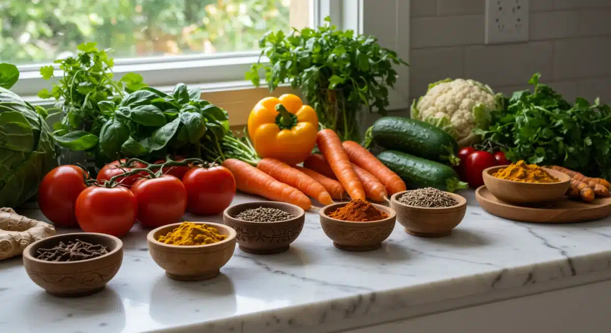 Fresh ingredients for an Ayurvedic meal prep on a modern kitchen counter.