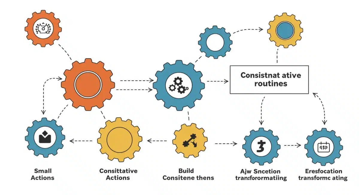 Interconnected gears symbolizing the synergy of small actions in building transformative routines.