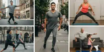 Diverse Americans performing quick exercises in different settings
