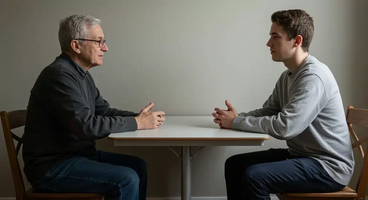 Intergenerational pair engaged in deep, mindful listening