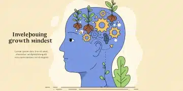 Illustration of a person's head with symbolic gears and growing plants, representing a growth mindset in progress.