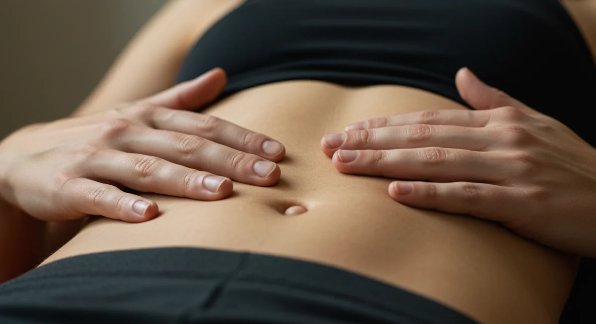 Hands on abdomen during conscious breathing exercise
