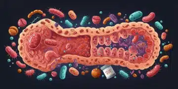 Illustration of a healthy gut microbiome with diverse beneficial bacteria and symbols of well-being.