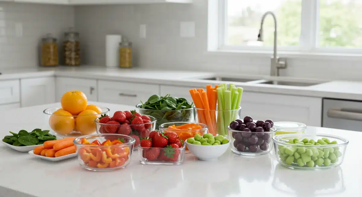 Colorful fresh fruits and vegetables for healthy snacking