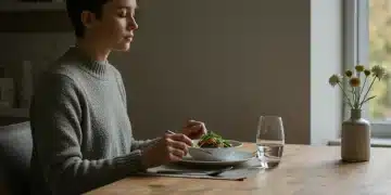 Person practicing mindful eating, focusing on healthy meal