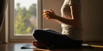 Person meditating calmly during a mindful morning routine.