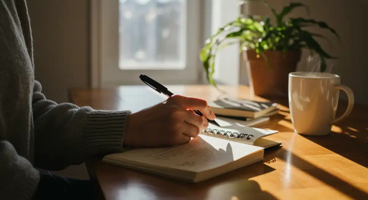 Individual engaged in reflective morning journaling for clarity.